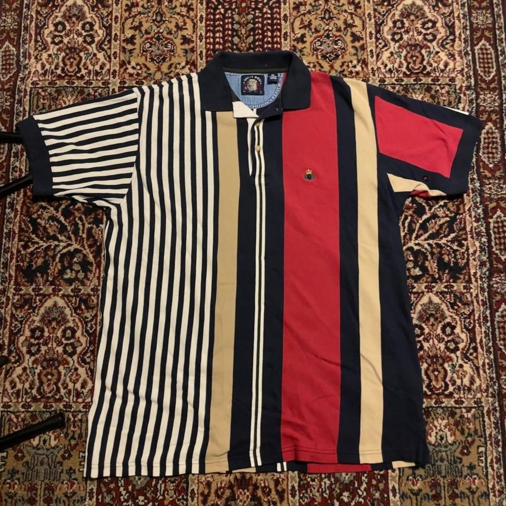 VTG 90s Gant Salty Dog striped‎ asymmetrical  rugby polo cuffed tee shirt XLT
